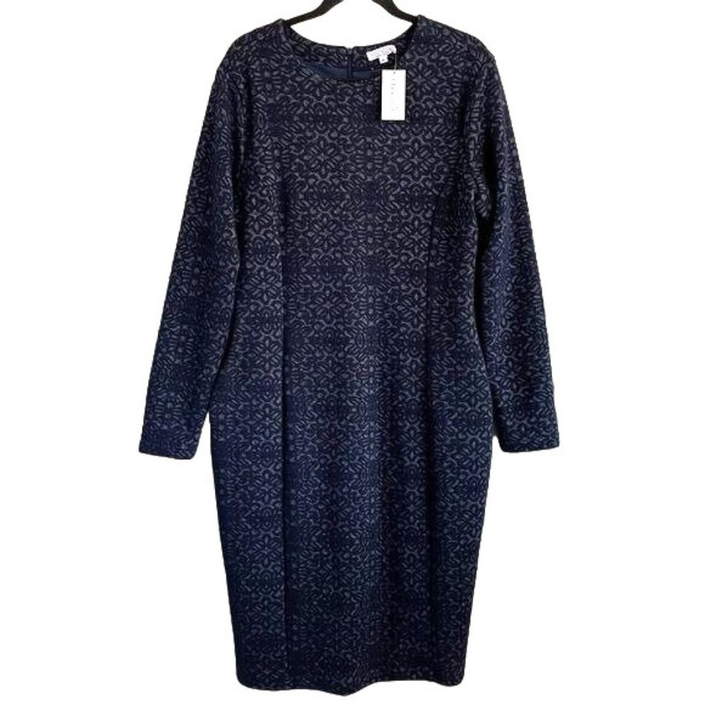 NWT Sweet Salt Modest Clothing Fitted Jacquard Navy Blue Long Sleeve Dress Sz XL
